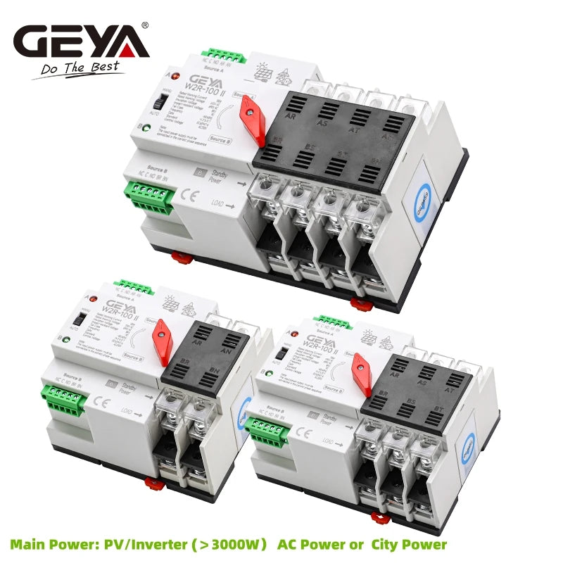 GEYA PV សូឡា ឬ ថាមពលទីក្រុង ATS 110V 220V PC កុងតាក់ផ្ទេរដោយស្វ័យប្រវត្តិថាមពលពីរ 100A ថាមពលមិនមានការរំខាន Mini ATS