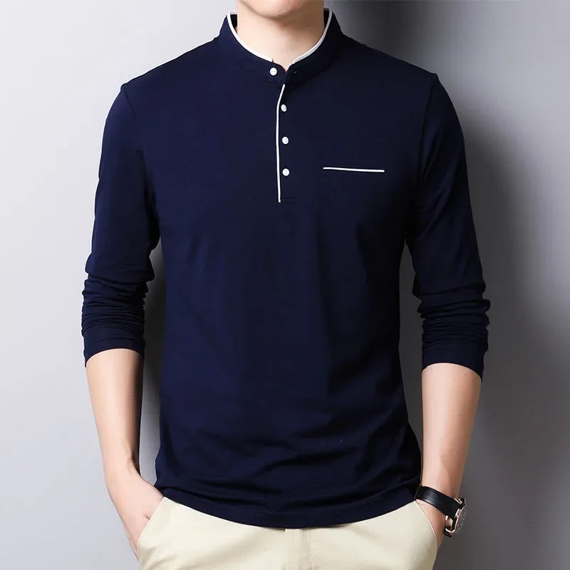 Men's Korean Style Business Casual Long Sleeve T-Shirt Three Button Stand-up Collar Comfortable Versatile Top for Men