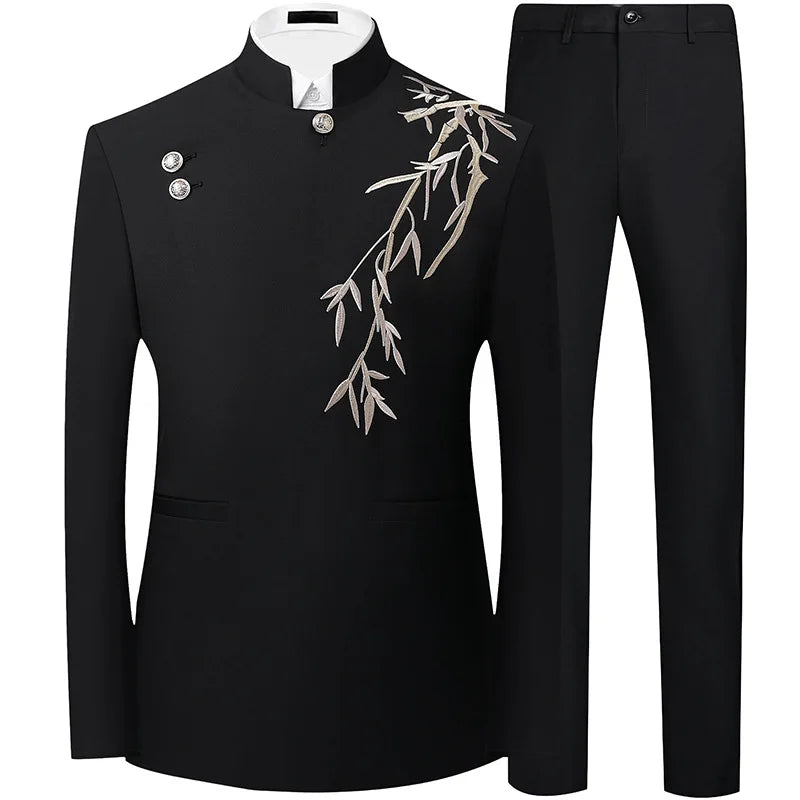 2027 New Men's Black Two-Piece Suit Set: A Chinese-style Stand-up Collar Jacket Paired with Slacks.