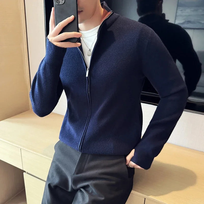 Autumn and Winter Stretch Solid Color Zipper Cardigan, Daily Casual Men's Business Casual Sweater.Stand-up Collar Coat