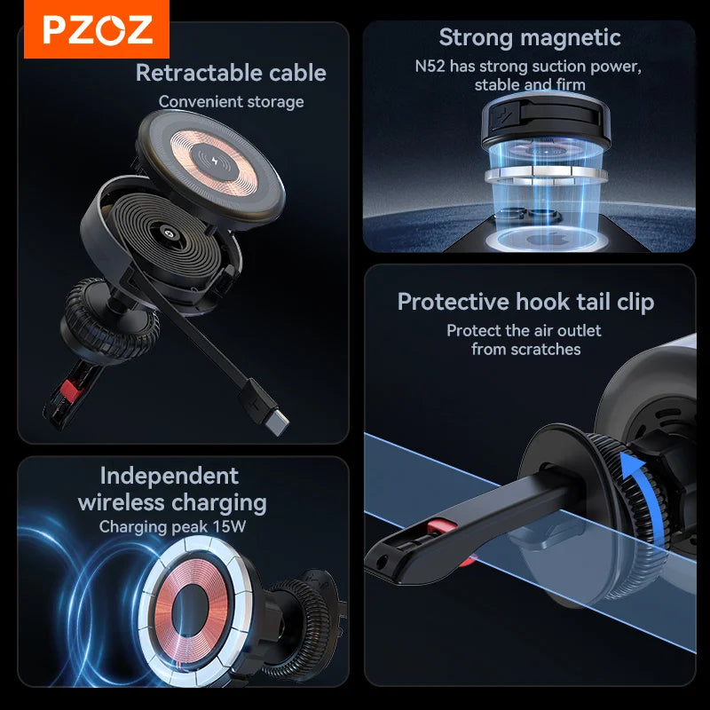 PZOZ Car Wireless Charger Magnetic bracket Car GPS Holder fast charging For iPhone 16 15 14 13 12 Pro Max Phone Holder