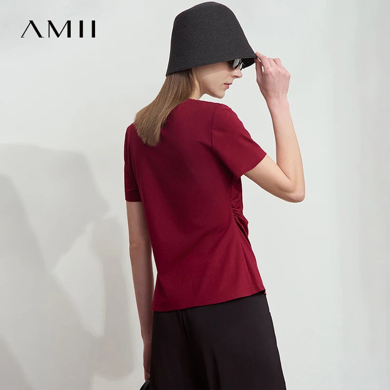 អាវយឺត Amii Minimalist សម្រាប់នារី ក O ផ្នត់ ចង្កេះតូច អាវយឺតប៉ាក់កប្បាស ប្រឆាំងបាក់តេរី 12522045