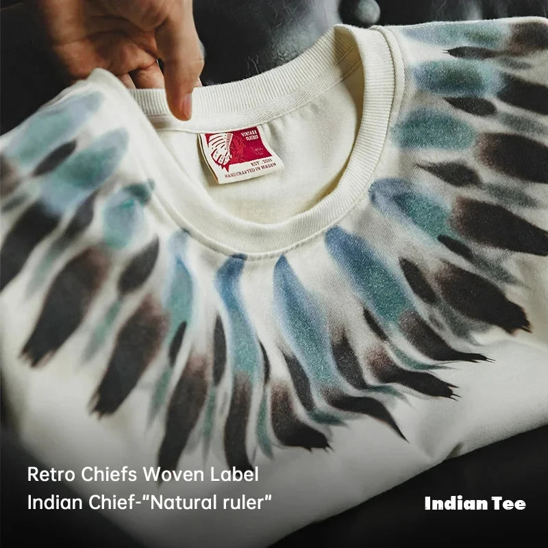 Maden Summer Short Sleeve T-Shirts for Men 100% Cotton Vintage Indian Eagle Feather Bird Print Tees Casual Loose Fit Tops