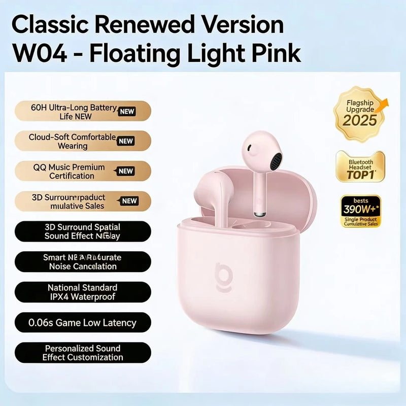កាសស្តាប់ត្រចៀកប៊្លូធូស BASEUS W04 ជាមួយនឹងការកាត់បន្ថយសំឡេងរំខានពាក់កណ្តាលក្នុងត្រចៀកឥតខ្សែសម្រាប់កីឡា និងអាយុកាលថ្មយូរបំផុត ភាពយឺតយ៉ាវទាប