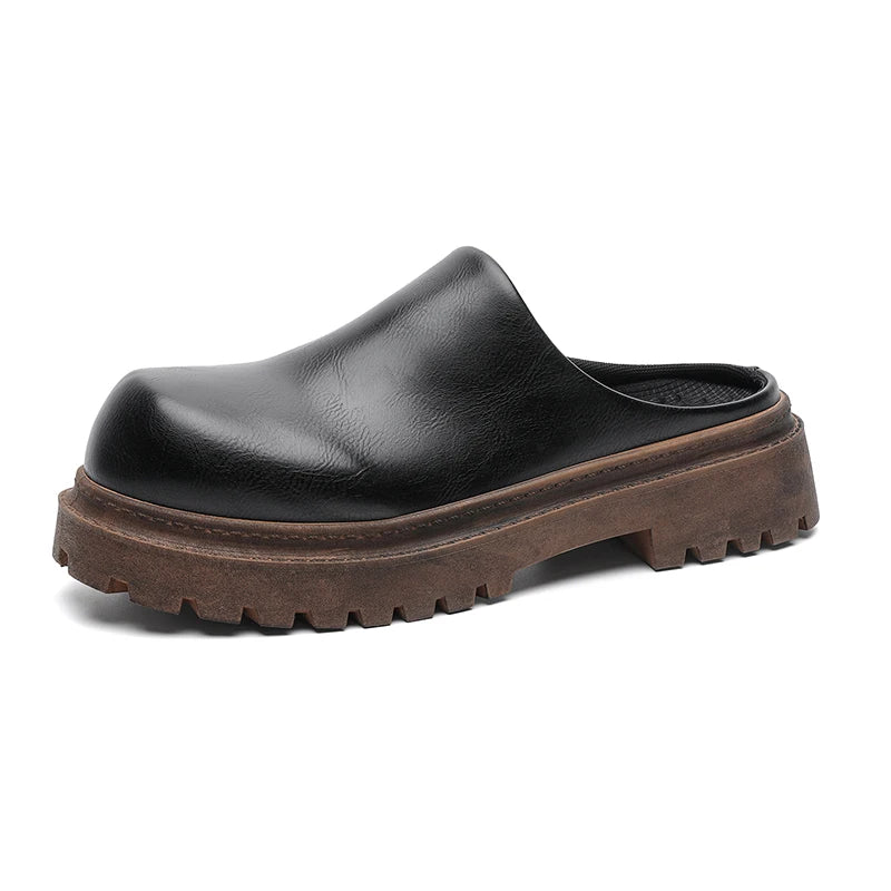 Men's Classic Mules Casual Slip-On Shoes Four Seasons Soft Sole Anti-Slip Breathable Outdoor Walking Leather Shoes Semi Slippers