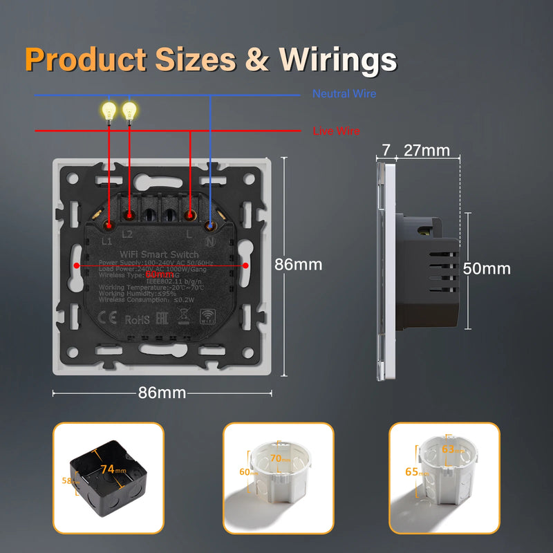 BSEED WIFI Smart Push Button Switch 1/2/3/4Gang 2Way APP Remote Control Glass Panel LED Indicator Tuya Smart Life Alexa Control