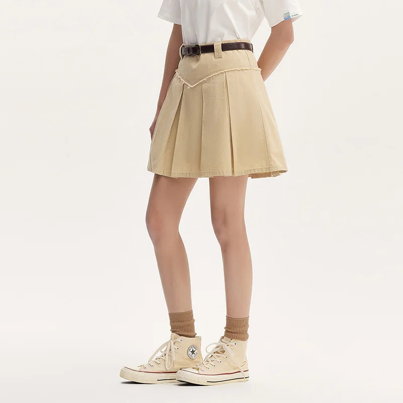 Semir Women's Salt & Sweet Style A-Line Mini Skirt Summer Edgy Raw Hem Pleated Retro Skirt with Belt