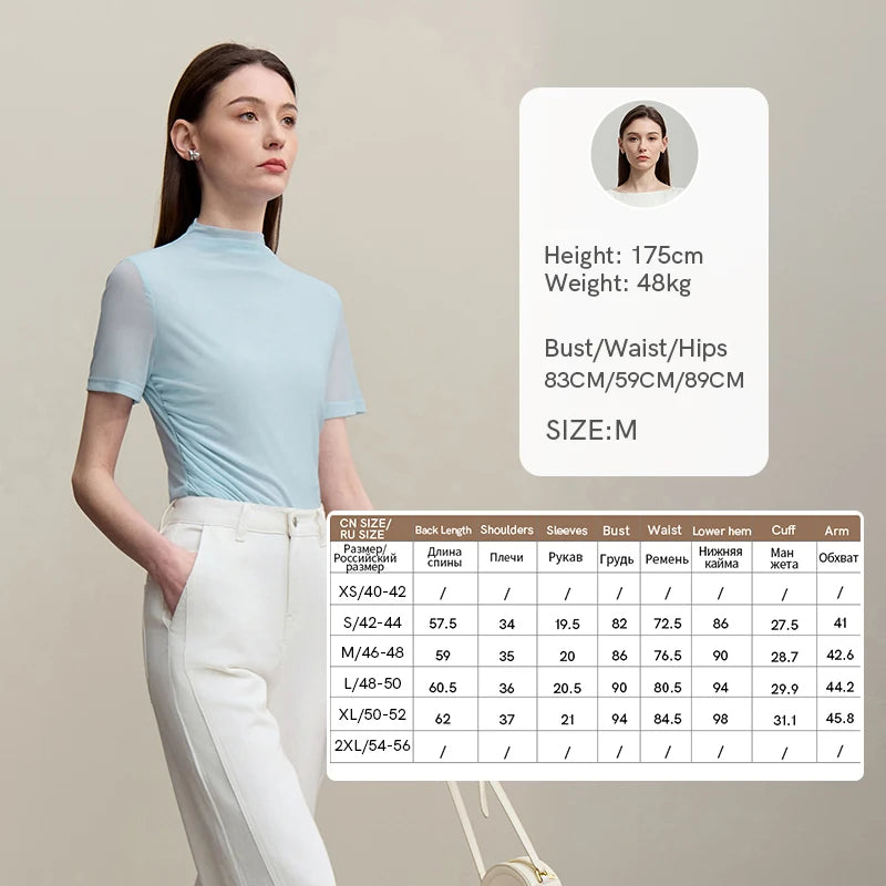 Amii Women's T-Shirt 2026 Summer New Shirred Short Sleeve Women's Tee Shirt Mock Neck Mesh Slim Stretch Lightweight Top 12612027