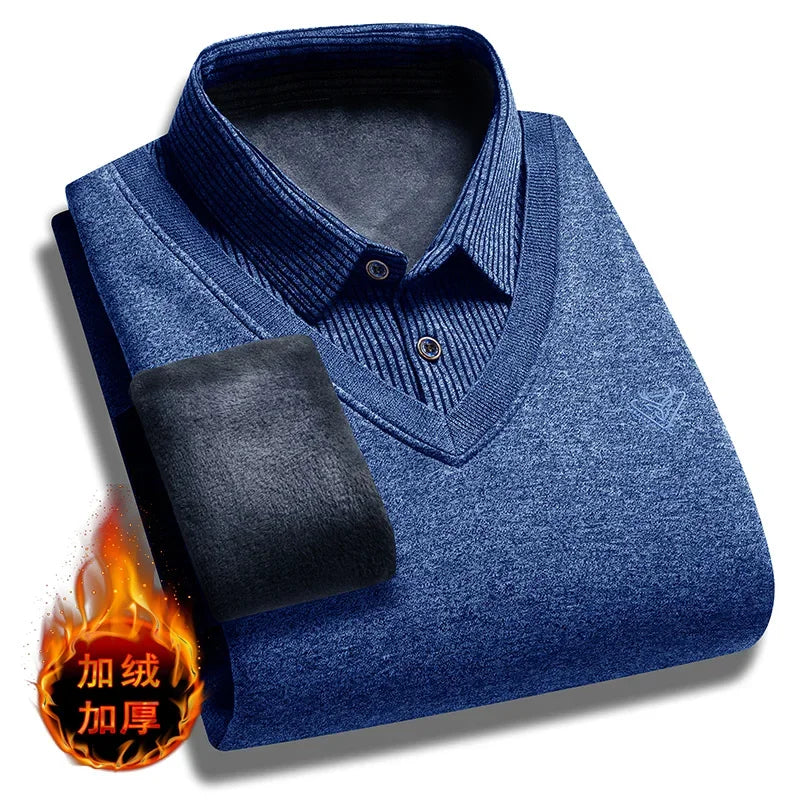 Cold Weather Mens Fake Waistcoat Sweater Soft Fleece Lining Vertical Striped Long Sleeve Collared Knit Workplace Inner Shirt