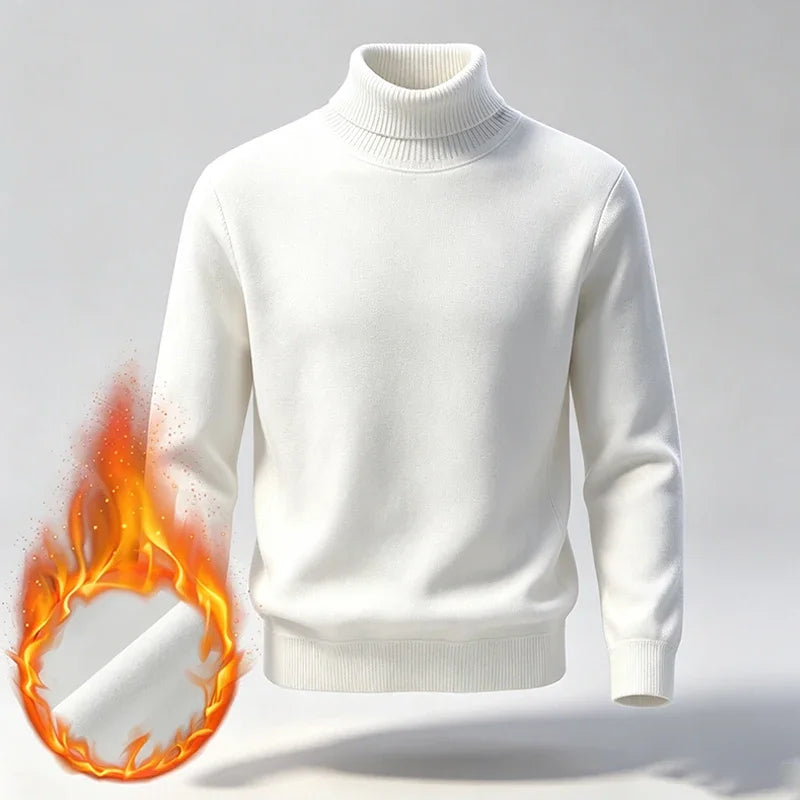 Men Fleece Lined Turtleneck Knit Sweater Ribbed Cuff Thermal Pullover For Winter Urban Daily Commute And Street Casual Outfits