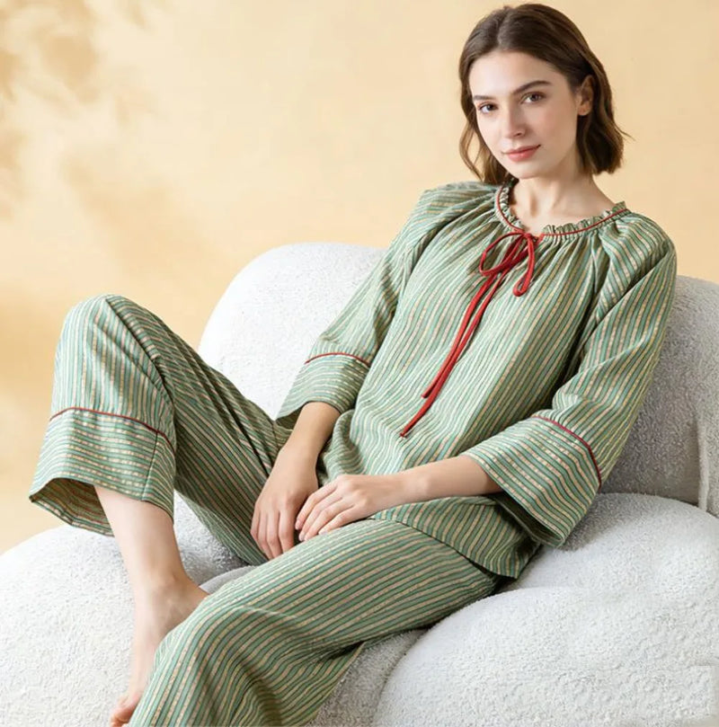 100% Cotton Pajamas for Women Nightwear Striped Princess Sleepwear New Spring Summer Two-pieces Pijama Female Pajamas Home Wear