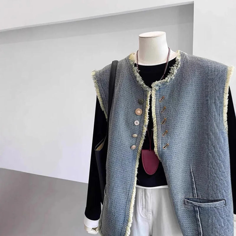 Retro Rough Edge Denim Vest Jacket Women's Spring Autumn Coat Fashionable Loose Sleeveless Top Female Waistcoat Casacos Traf