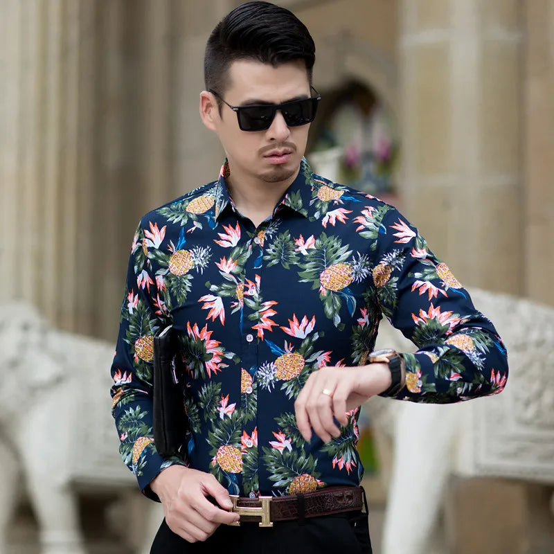2026 Spring Men's White Long-Sleeve Printed Shirts, Blue Single-Button Collar Stretch Cotton Shirt, Asian Sizes M-5XL, 6XL, 7XL.