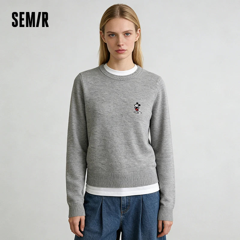 Semir Elegant Sweater Women Spring Jacquard Crew Neck Embroidered Gentle Style Casual Versatile Fashion Daily Wear Top