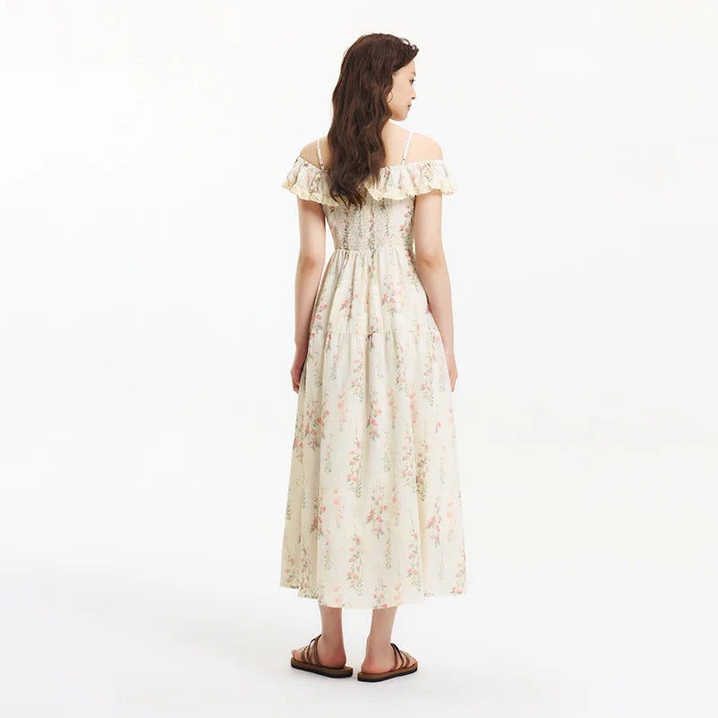 Semir Dress Women Floral Print Country Style Vacation 2025 New Summer Ruffled Waist-Cinching Strappy Dress Chic Looks