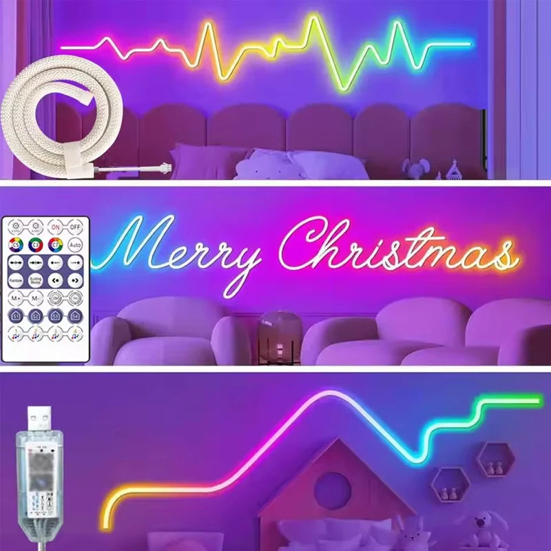 បន្ទះ LED ណេអុងរាងមូល DC5V លំនាំសំណាញ់ 360 ដឺក្រេ កម្មវិធីឆ្លាតវៃសម្រាប់គ្រប់គ្រង RGB កាសែតពន្លឺស៊ីលីកុនដែលអាចបត់បែនបាន IP67 ជាមួយឧបករណ៍ 24Key