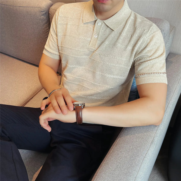Men's Two-Tone Linen Blend Knit Polo Shirt – Summer Breathable Textured Short Sleeve with Collar for Casual & Smart Wear