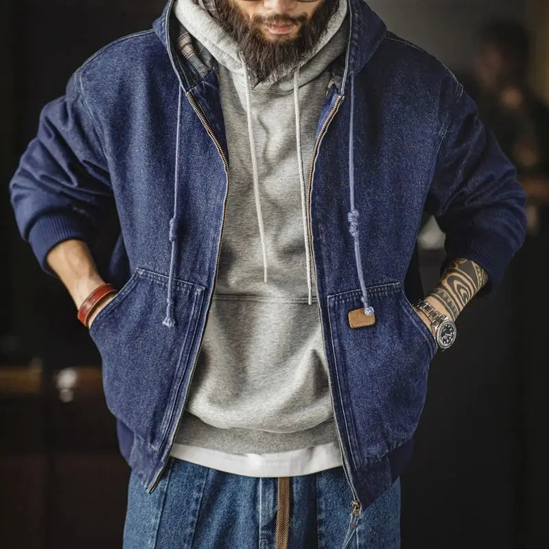 Maden Retro Men's J130 10.5oz Denim Jacket Heavyweight Washed Aged Hooded Jacket Zipper Work Coat with Large Pockets for Fall