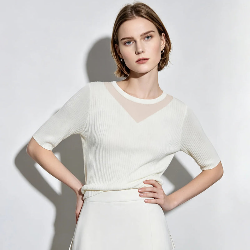 Amii Women Soild Knit Pullover Round Neck Sheer Mesh V Panel Top Short Sleeve Slim Fit Casual Sweater 2026 Summer New 12642218