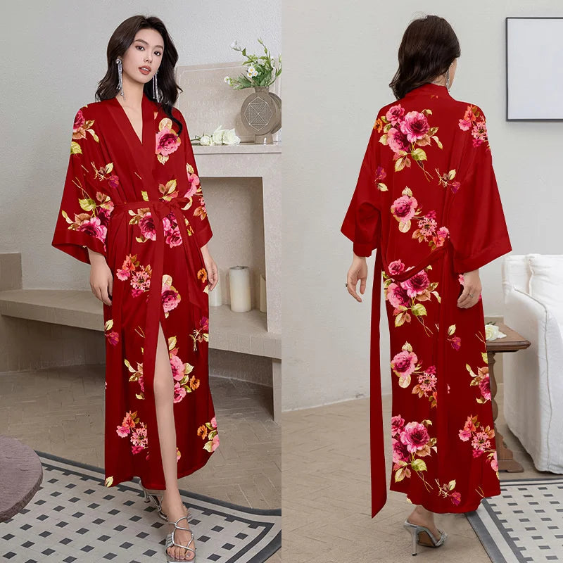 Women Ice Silk Rayon Home Dress Black Print Flower Long Robe Nightgown Spring Summer Half Sleeve Kimono Bathrobe Gown