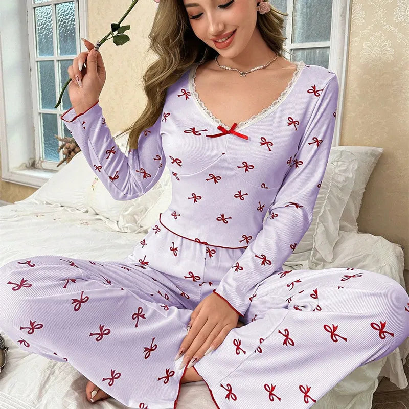 European Sexy Sleepwear Women's Home Clothes Spring Autumn Women Pajama Long Sleeve Trousers Set Fashion Sleeping Suit