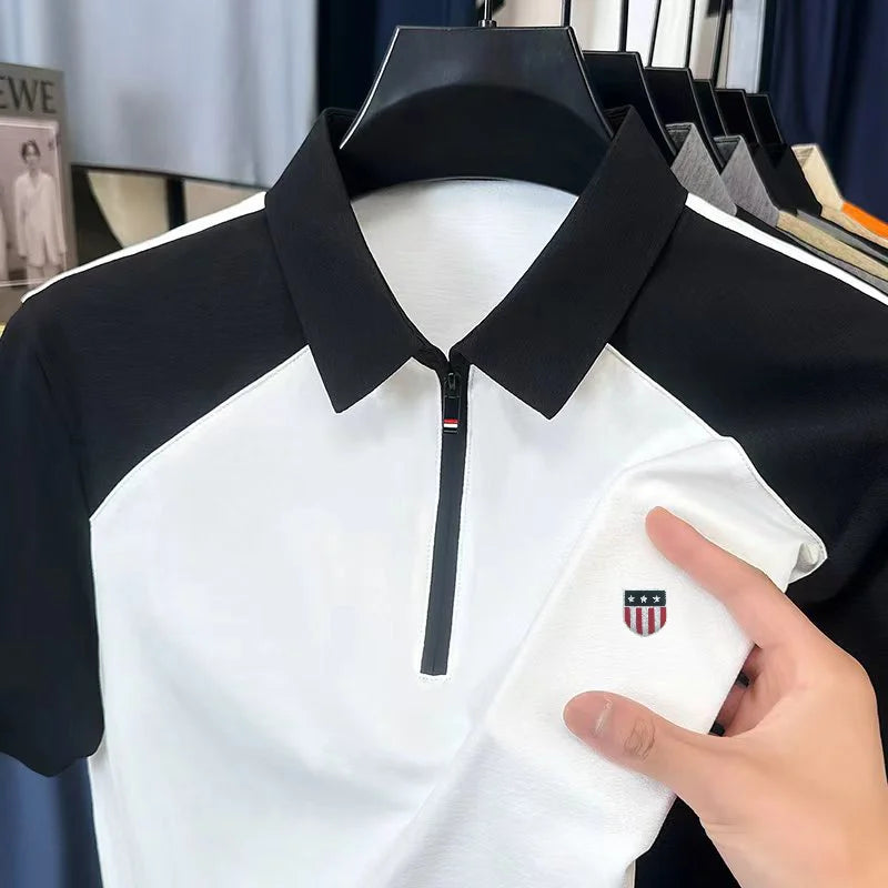 High Quality Summer Men New Short-Sleeved Polo Shirt Lapel Zipper Color Blocking Stamp Korean-Style Leisure Snug Men's Clothing