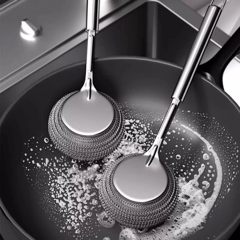 Kitchen Specific Cleaning and Scrubbing Tool for Pots and Bowls, Long Handled Steel Wire Ball Brush, Bowl Brush