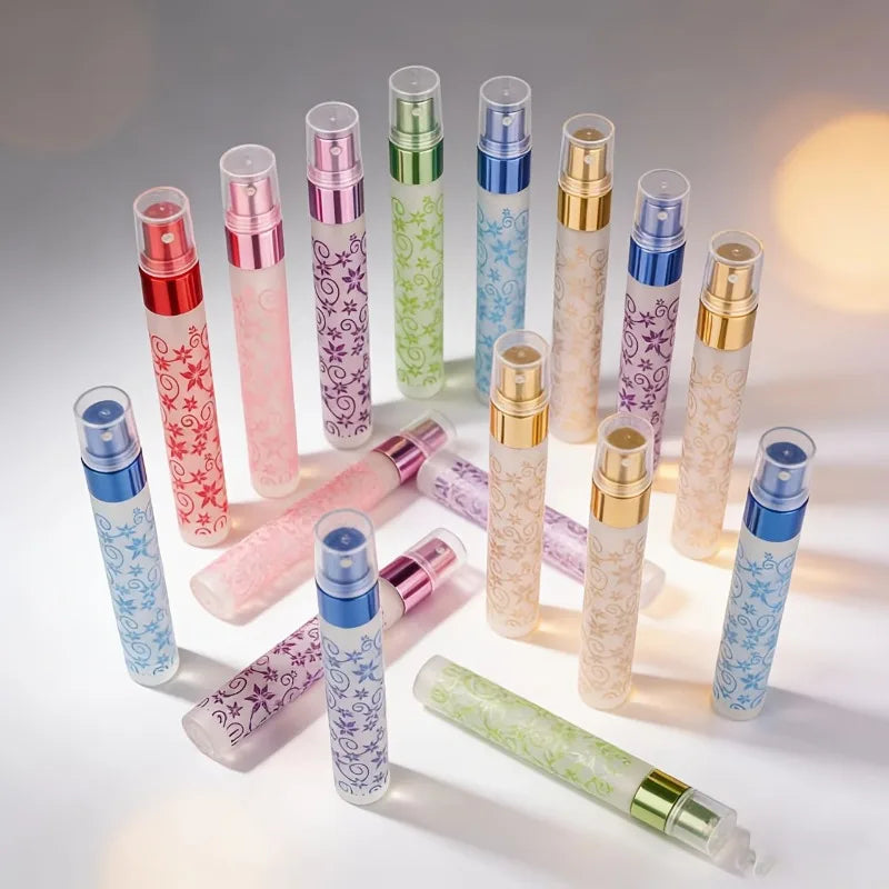 3pcs 10ml Exquisite Frosted Printed Spray Bottles,Portable Travel Perfume Atomizer Bottles,Travel Essential, Random color.