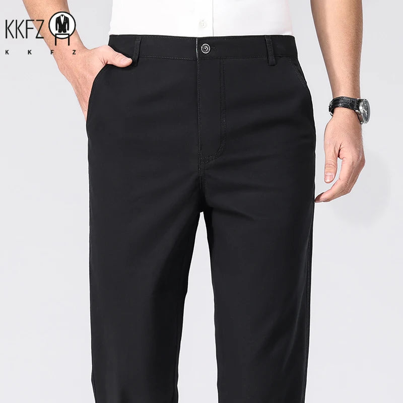 Men Cotton Straight Casual Chinos Soft Breathable Twill Fabric Zip Fly Side Slash Pockets Office Daily Commuting Long Bottoms
