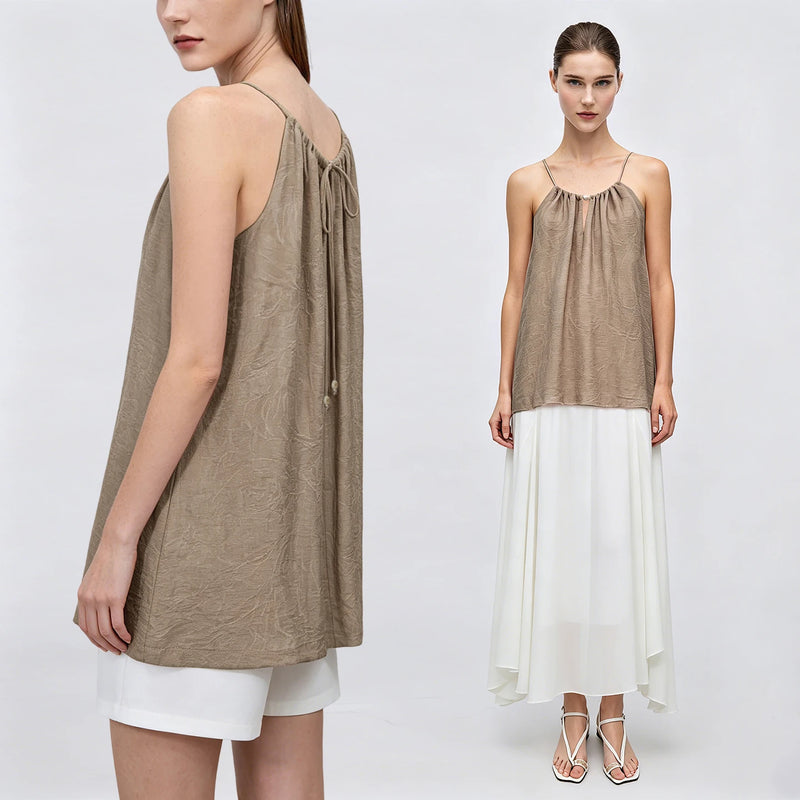 Amii Halter Tie Cami 2026 Summer New Linen Blend Jacquard Sleeveless Cami Breathable Loose Casual Tank Top For Women 12622200