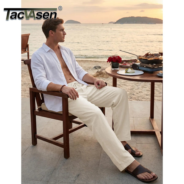 TACVASEN Mens Cotton Pants Casual Loose Fit Summer Beach Pants Lightweight Elastic Drawstring Waist Trousers with Pockets 2026