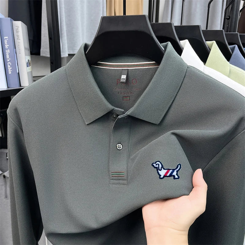 100% Cotton Men Long-Sleeve Polo Shirt Lapel Button Dog Embroidery Breathable Comfortable Autumn Winter Business Casual Menswear