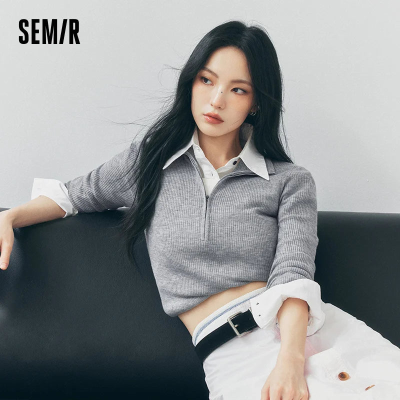 Semir Women Knit Sweater Wool Blend Layered Look Turn Down Collar Half Zip Pleated Detail Slim Fit 2026 New Winter Daily Wear