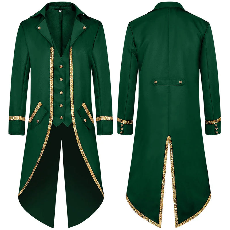 Blue Men's Halloween Trench Coat, Gold-trimmed Tailcoat with Patchwork Detailing, Medieval Mid-length Jacket, Punk-style Tops