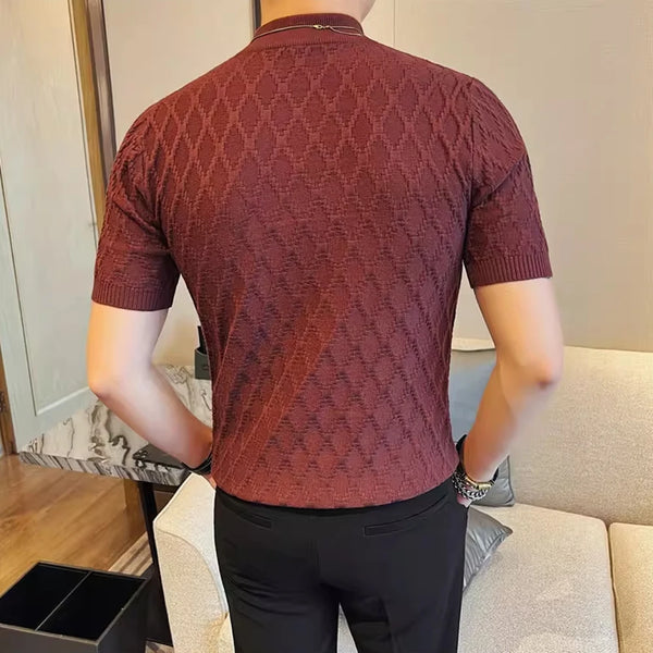 Men's Slim Fit Mock Neck Short Sleeve T-Shirt - Diamond Texture Knitted Top Slim-fit Men's Short-sleeve T-shirt Stretchable