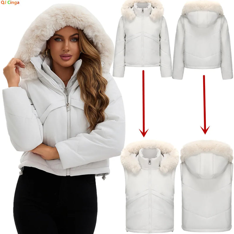 Winter New Women's Faux Two-piece Hooded Thick Coat, Brown Jacket with Detachable Sleeves, Street Style Black Cropped Parkas.