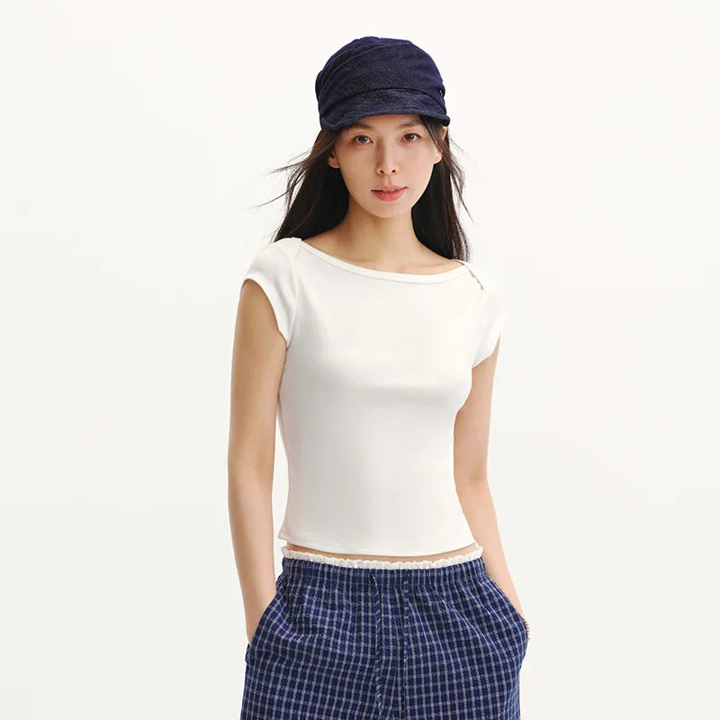 Semir Womens Tshirt 2026 Short Style Slash Neck Slim Solid Color Cool Feeling Casual Fashion