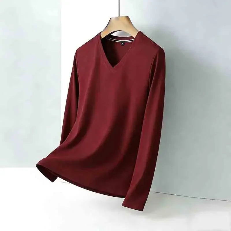 Men's Tan V-neck Long Sleeve Knit Top Classic Solid Color Everyday Outfit for All Ages