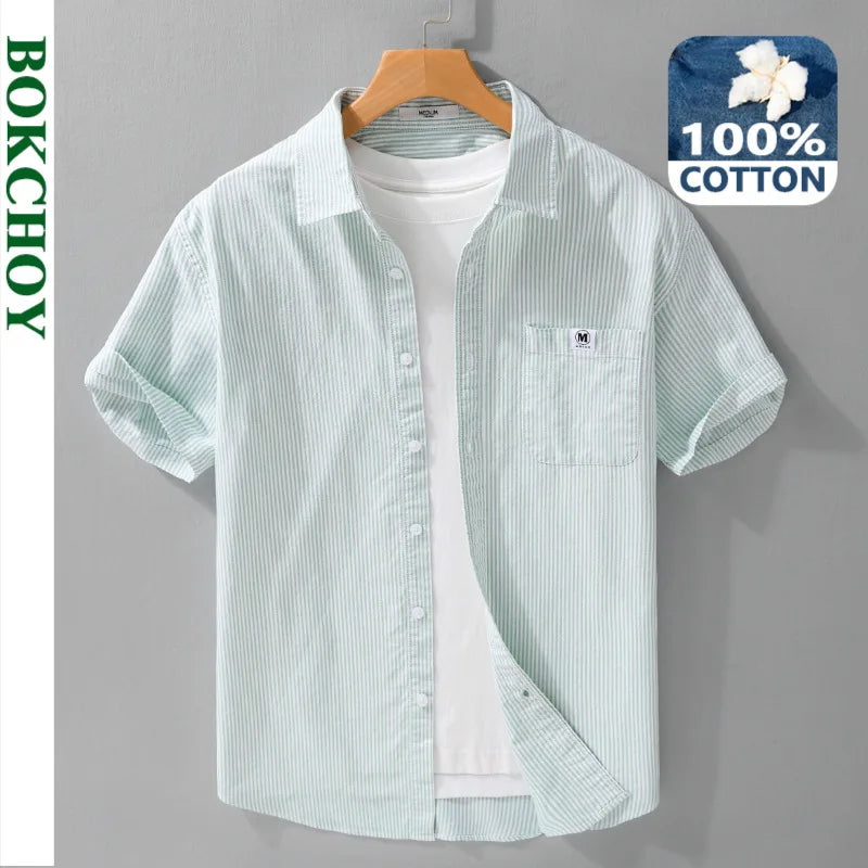 Summer New Casual Striped Pure Cotton Short Sleeve Shirt for Men Clothing Slim Turn-down Collar Shirts FY738