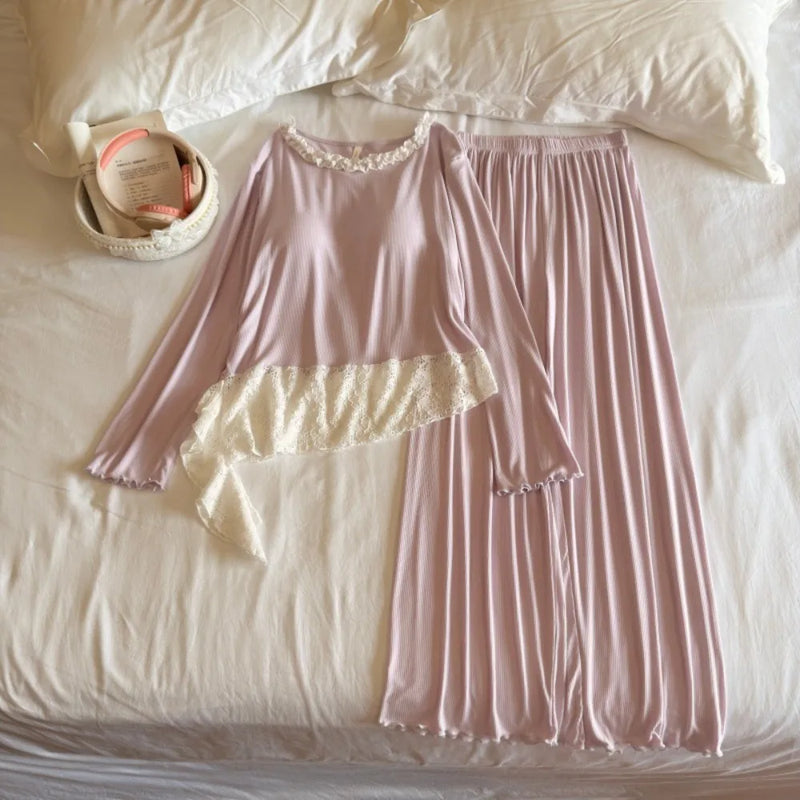 2 Piece Nighty Women's Pajamas Home Wear Chest Pads Pyjamas Autumn Long-Sleeve Top with Elastic Pants Nightwear Woman Sleepwear