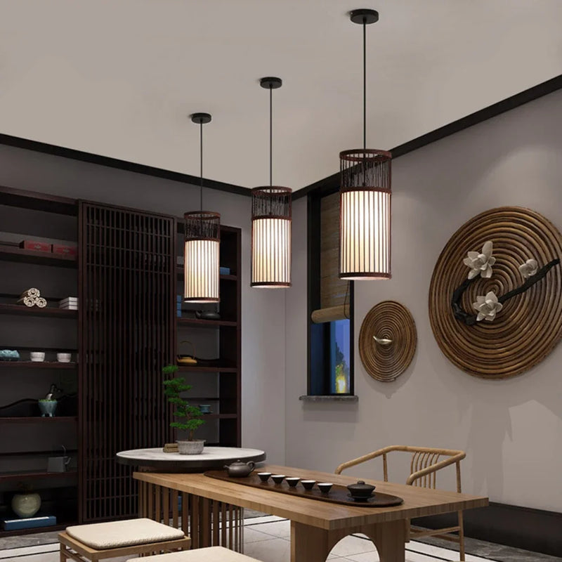 Bamboo Pendant Light Hand-Woven Cord Rattan Boho Hanging Lamp Mount Ceiling Chandelier for Dining Living Bedroom Kitchen