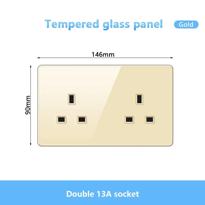 Gold UK 13A Tempered Glass USB Socket Plug,18W Type-C Fast charging Universal 3pin Dual Power Outlet,Wall 2way Light Switch