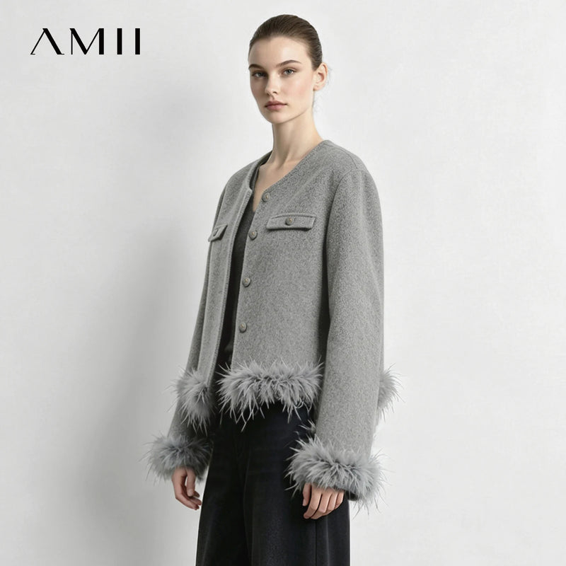 Amii Women's Double-Faced Wool Short Coat Removable Feather Trim Crew Neck Oversized Relaxed Fit Commuter Winter 2026 12614005