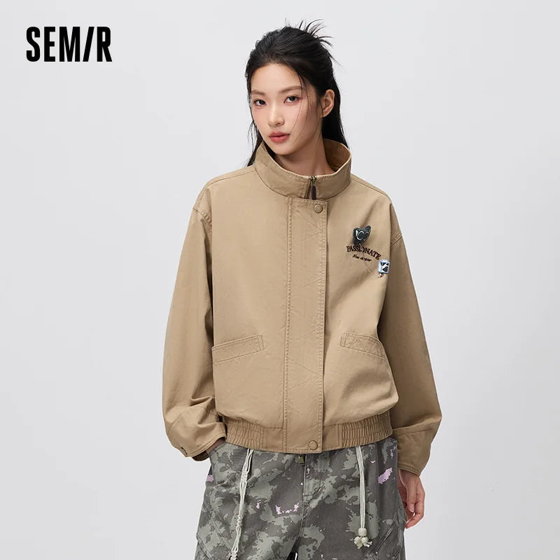 Semir Women Jacket Embroidery Patchwork Stand Collar Brooch Detail Loose Retro Casual Autumn Outerwear Daily Wear 2026