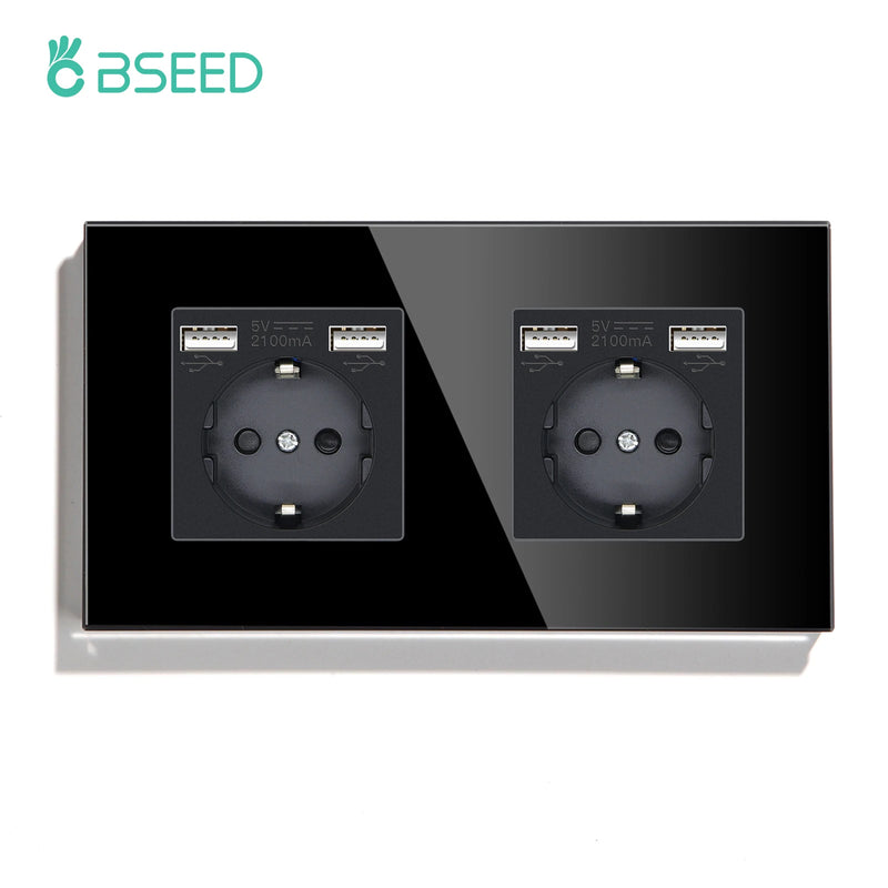 BSEED EU Wall Sockets Single Plugs Sockets Double 5V 2.1A USB Socket Phone Charge Glass Panel Power Sockets Kids Protection 16A