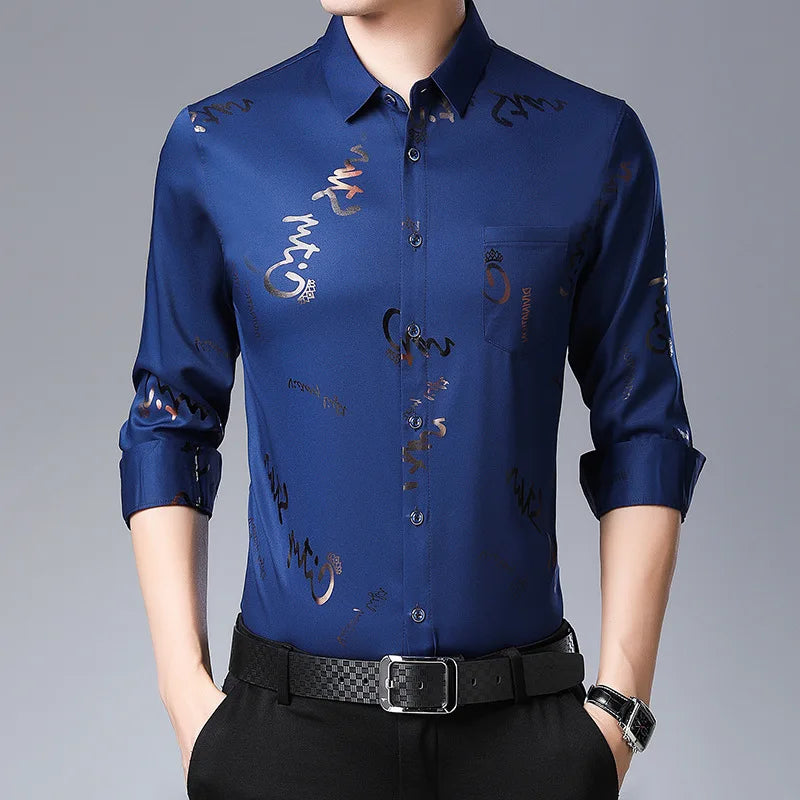 2026 Men's Casual and Fashionable Long Sleeved Printed Shirt, Non Ironing and Wrinkle Resistant Business Top. Asian sizes M–4XL