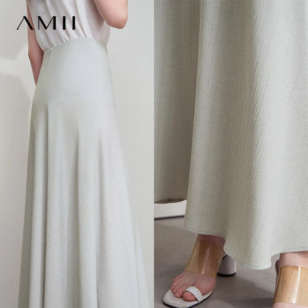 AMII សំពត់នារី Minimalist រដូវក្តៅ Luxur Office Lady Solid Combination Twill A-Line Elegant MIdi Skirt Female Clothing12542278