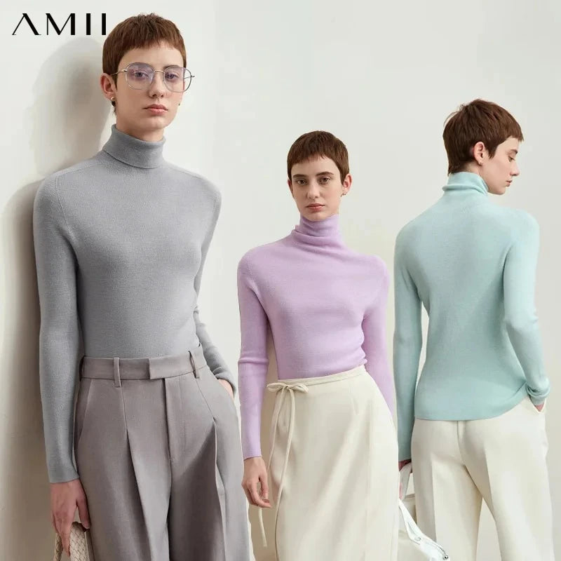 Amii Minimalism 2026 រដូវរងាថ្មី Turtleneck អាវប៉ាក់សម្រាប់ស្ត្រី Worsted Woolen Sweaters Casual Fashion Women Sweater 12423120