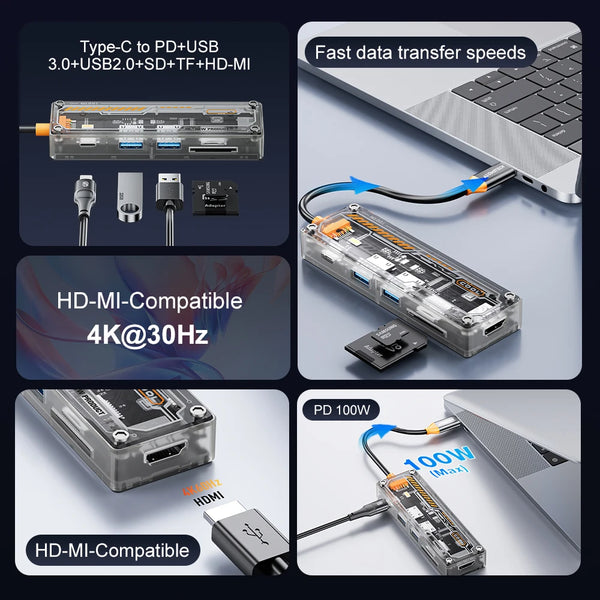 6-in-1 USB C Hub ប្រភេទ-c PD 100W ឧបករណ៍ភ្ជាប់ពហុច្រក USB 3.0 HDMI ឧបករណ៍ភ្ជាប់មជ្ឈមណ្ឌលបំបែកស្ថានីយចតសម្រាប់កុំព្យូទ័រយួរដៃ Macbook Air