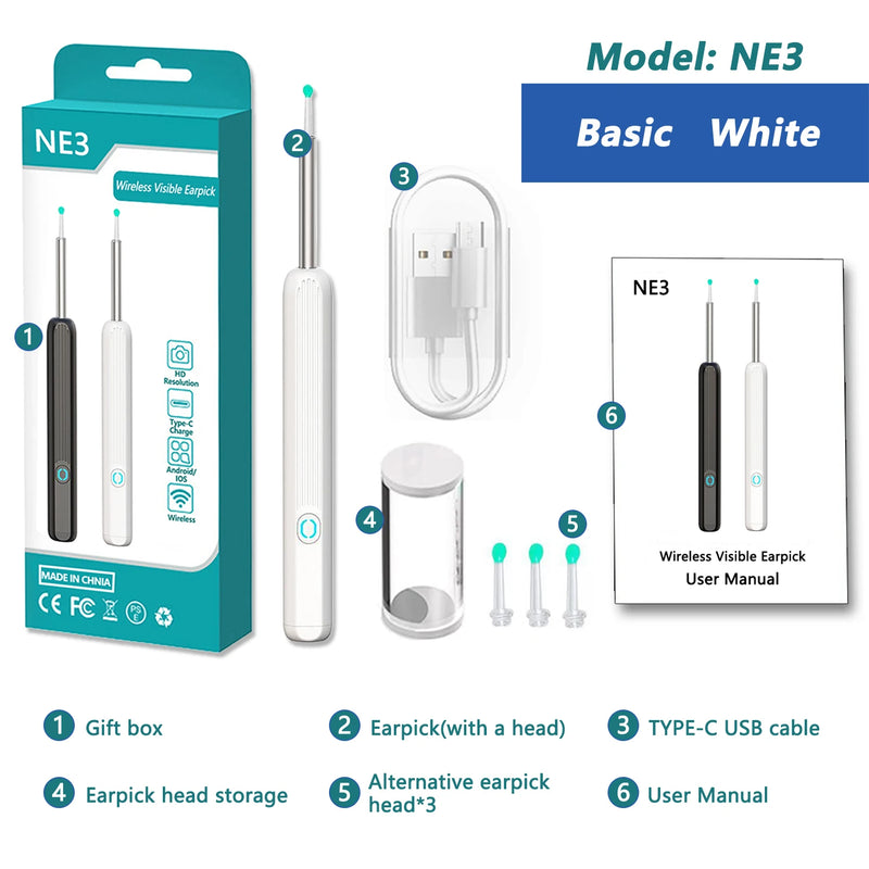 ឧបករណ៍សម្អាតត្រចៀក Smart Visual HD ដំបងត្រចៀក Otoscope USB C សាកថ្ម ឧបករណ៍ Endoscope ដកយកក្រមួនចេញ ឧបករណ៍ចាក់ត្រចៀក កាមេរ៉ាខ្នាតតូច ឈុតថែទាំសុខភាព